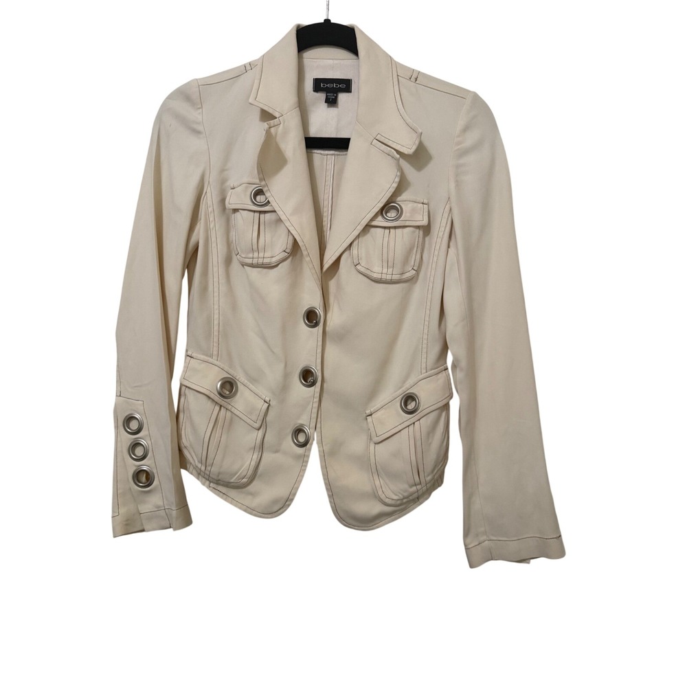 Bebe Cream Utility Blazer Grommet Detail Contrast Stitch Jacket Size 2